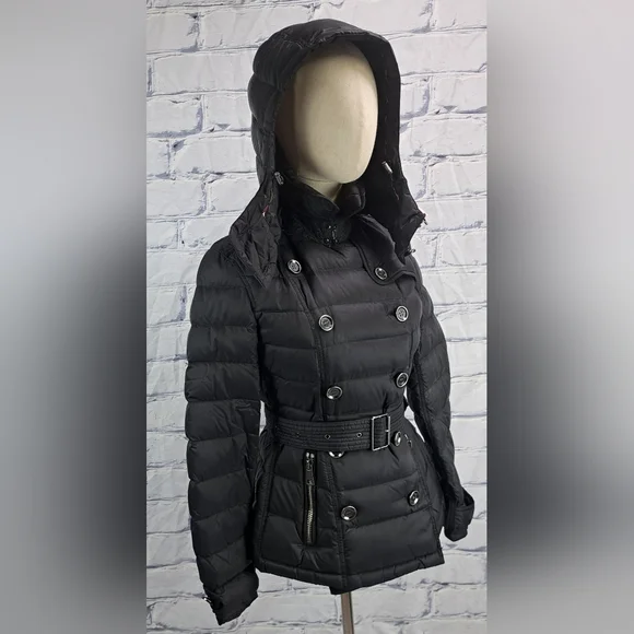 Burberry Women's Puffer Winter Jacket Grey Goose Down Fill Black Hooded Small - Picture 9 of 16